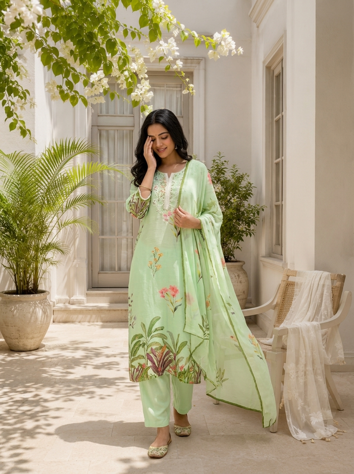 Pista Linen Botanical Printed Three Piece Set