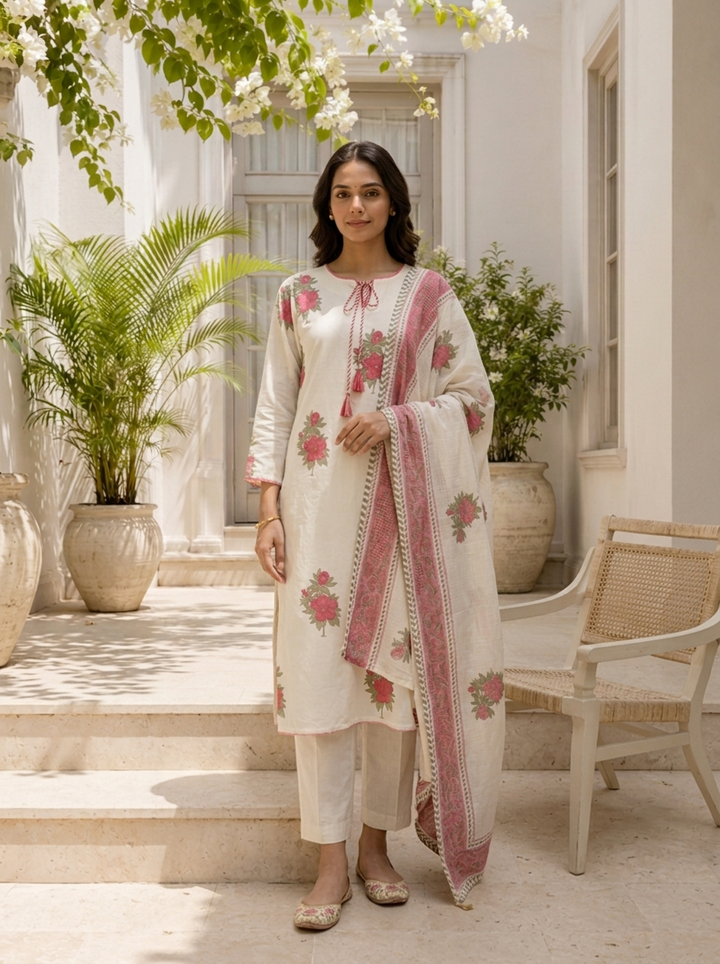 Maroon Cotton Floral Block Motifs Printed Three Piece Set