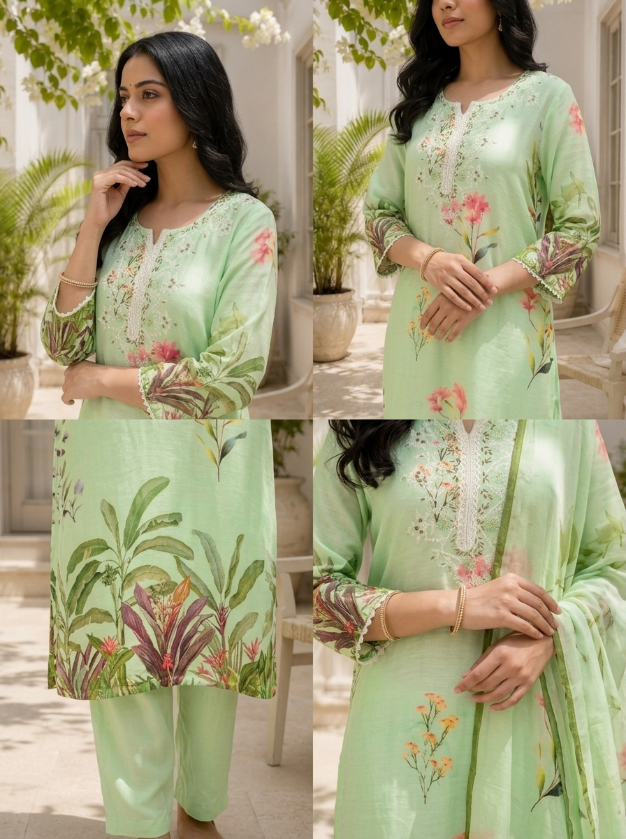 Pista Linen Botanical Printed Three Piece Set