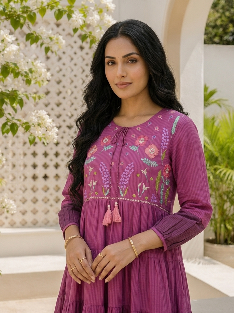Wine Cotton Floral Thread Embroidered Dress