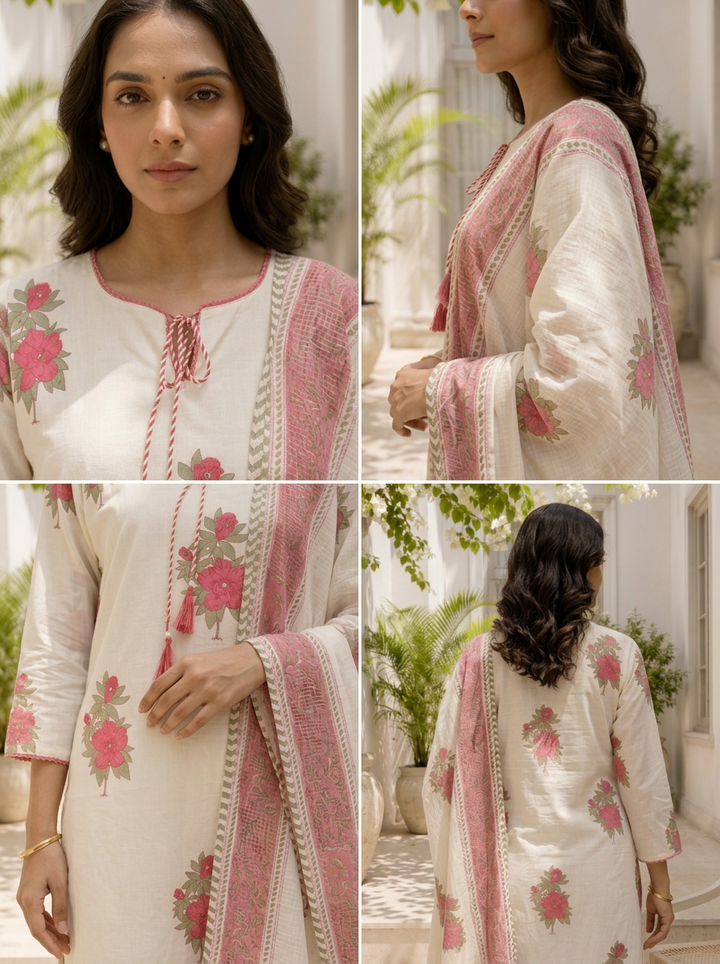 Maroon Cotton Floral Block Motifs Printed Three Piece Set