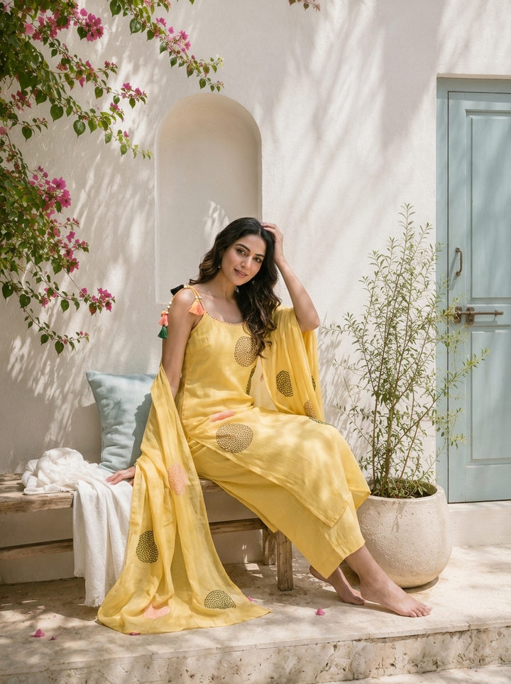 Yellow Chanderi Geometric Circle Motifs Embroidered Three Piece Set
