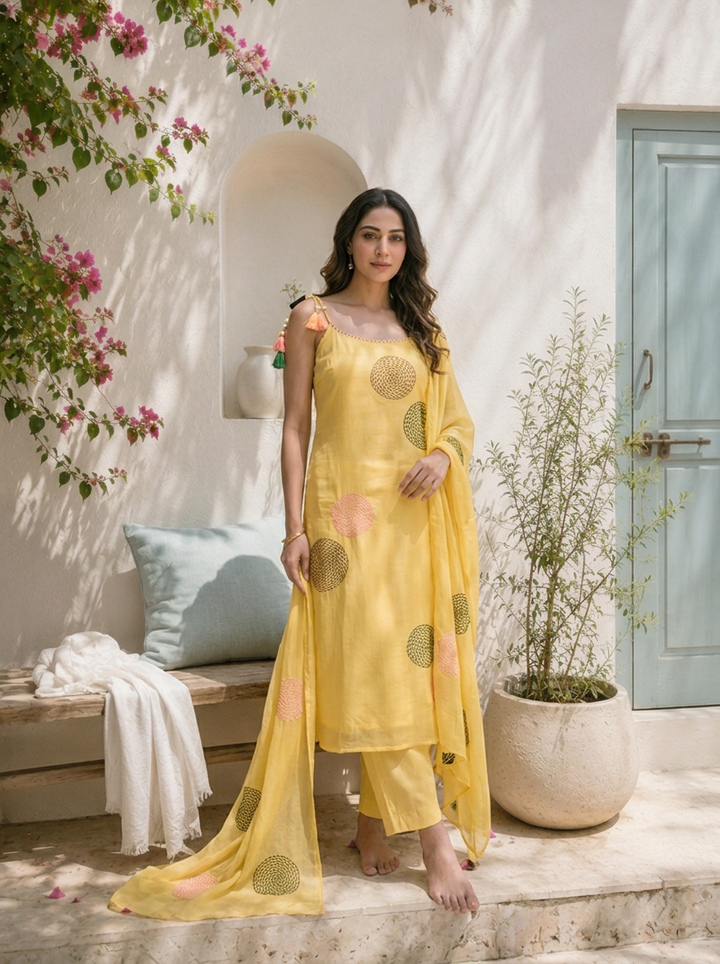 Yellow Chanderi Geometric Circle Motifs Embroidered Three Piece Set