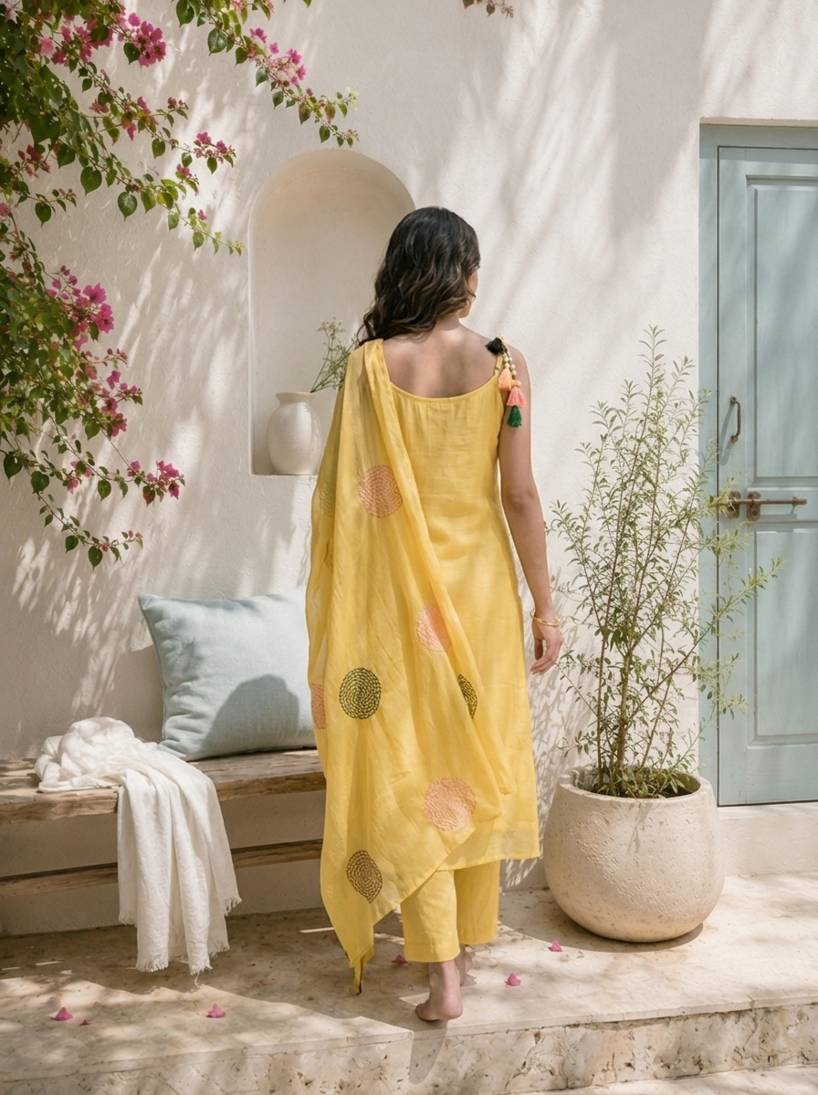 Yellow Chanderi Geometric Circle Motifs Embroidered Three Piece Set