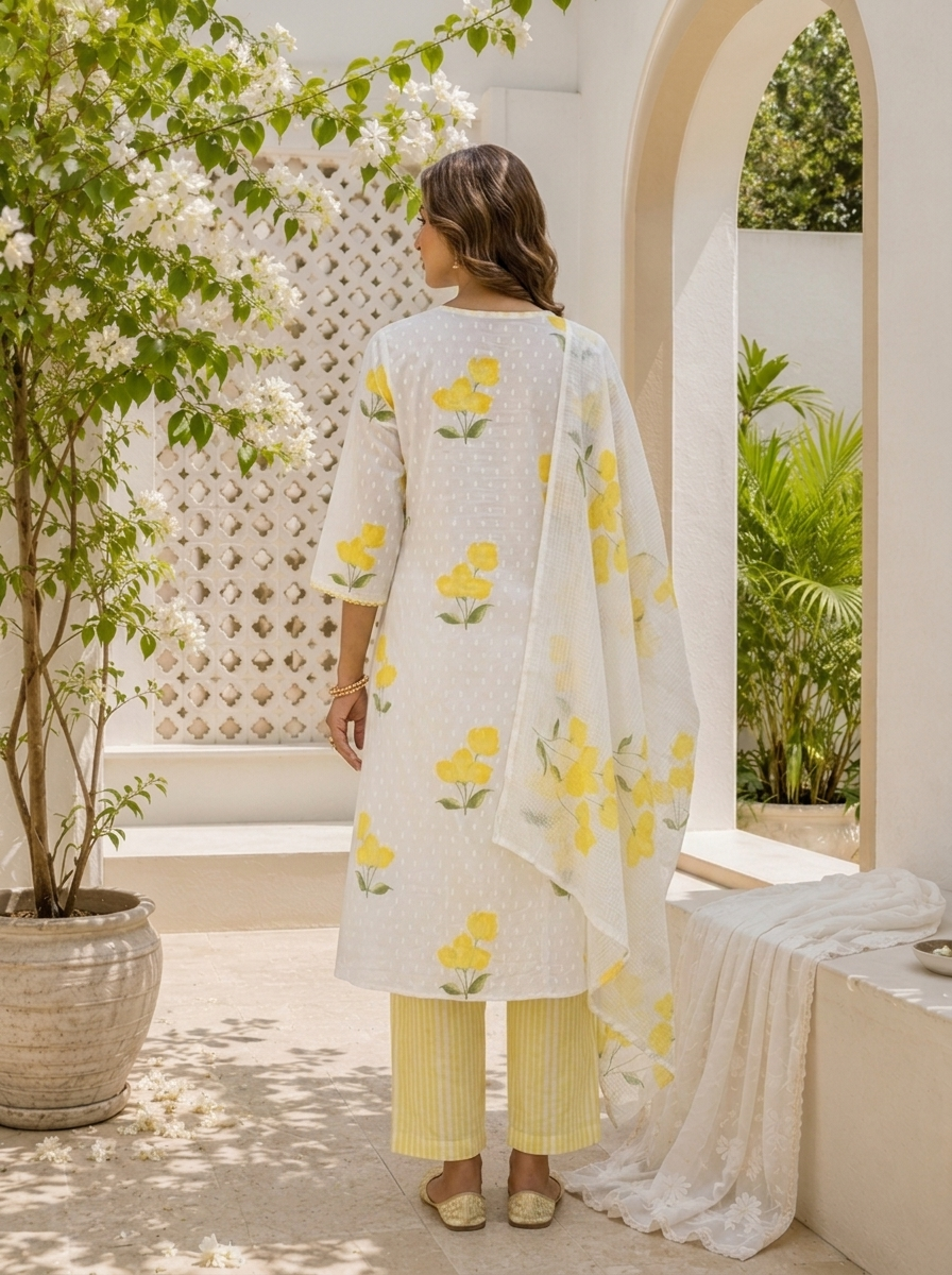 Yellow Cotton Tulip Floral Printed Three Piece Set