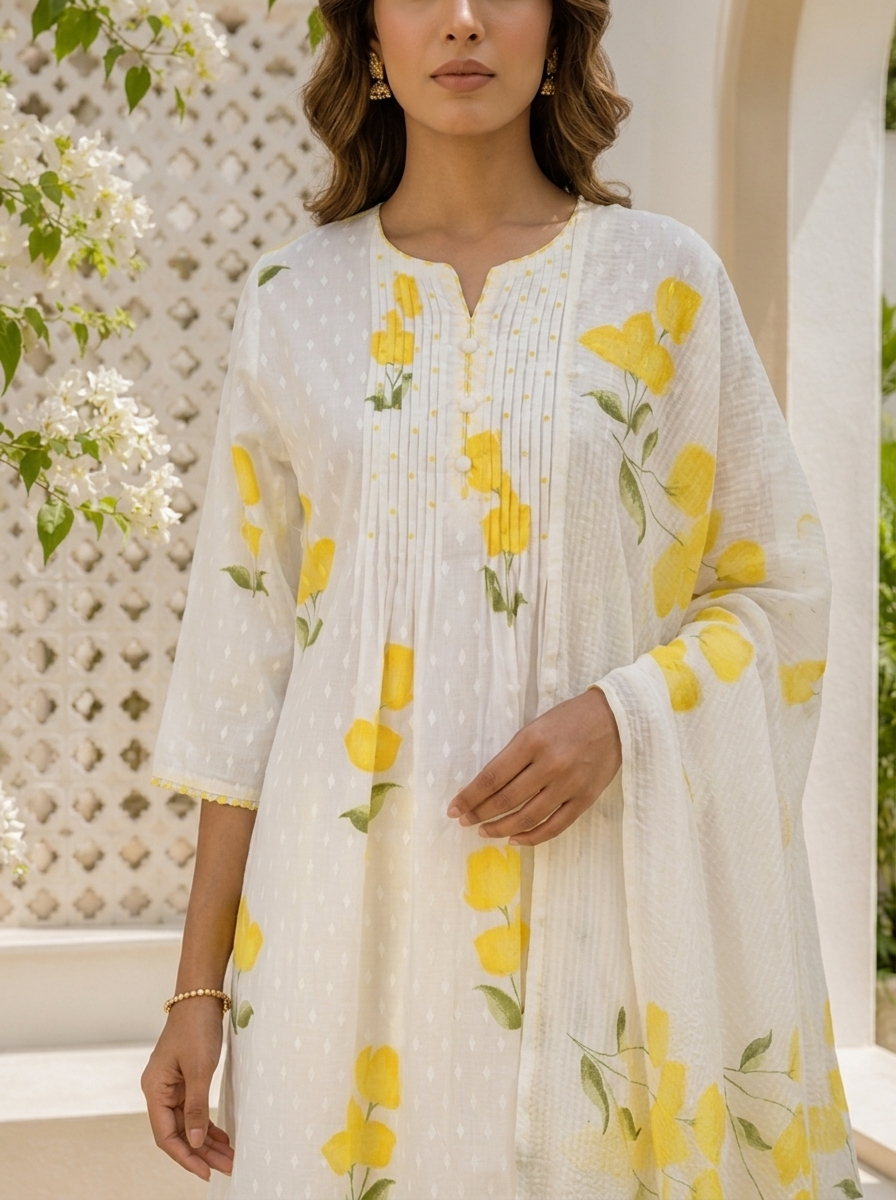 Yellow Cotton Tulip Floral Printed Three Piece Set