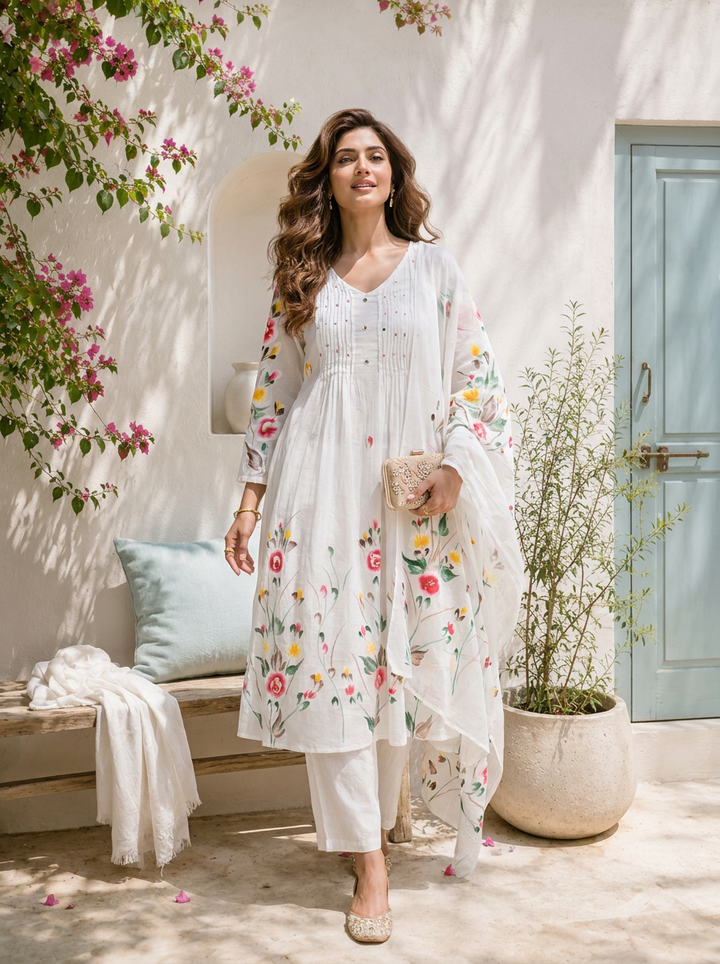 White Cotton Hand-Painted Floral Printed Three Piece Set