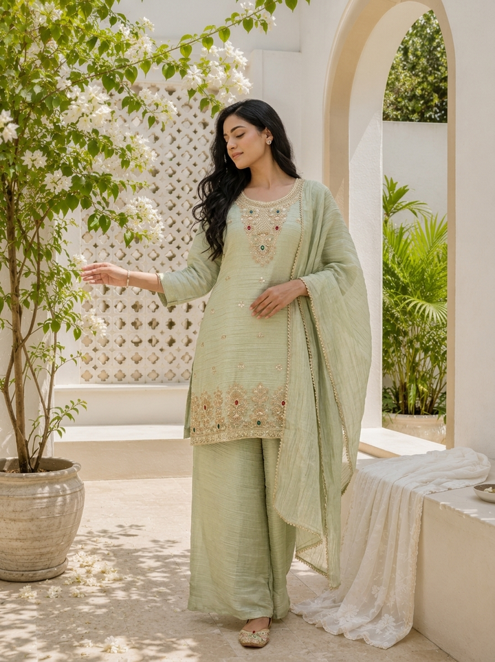 Pista Green Tissue Stone Embroidered Three Piece Set