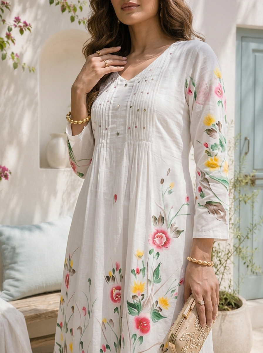White Cotton Hand-Painted Floral Printed Three Piece Set