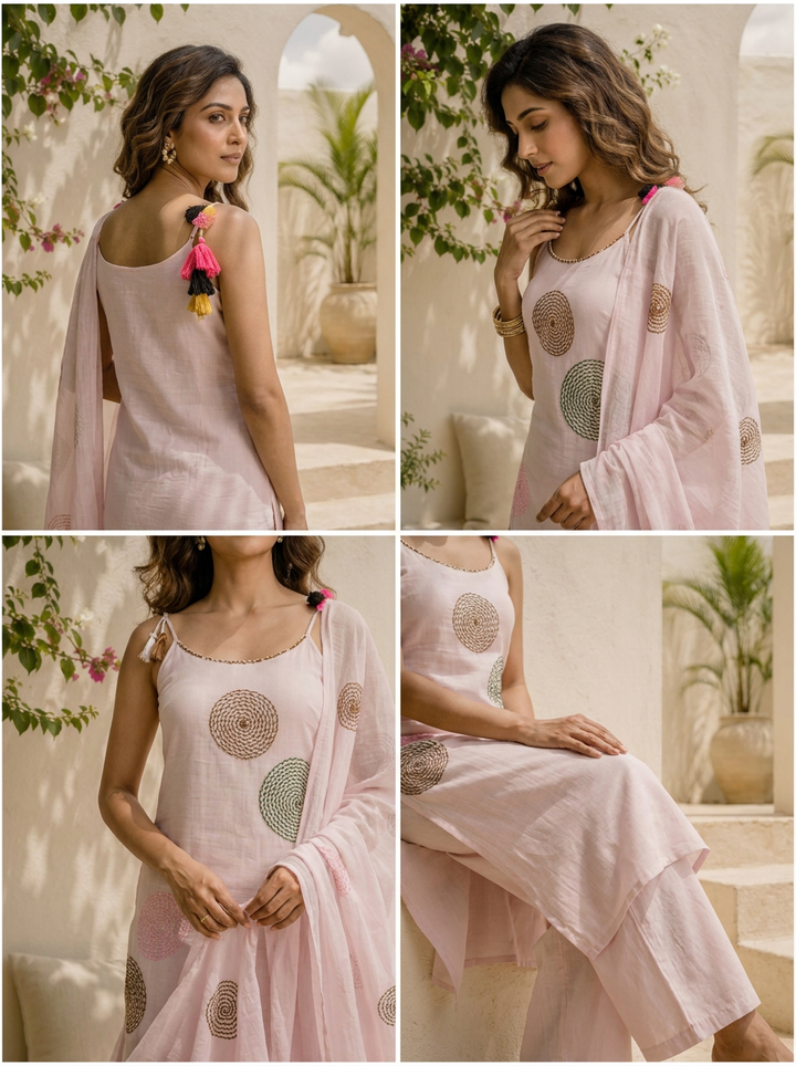 Lilac Chanderi Geometric Circle Motifs Embroidered Three Piece Set