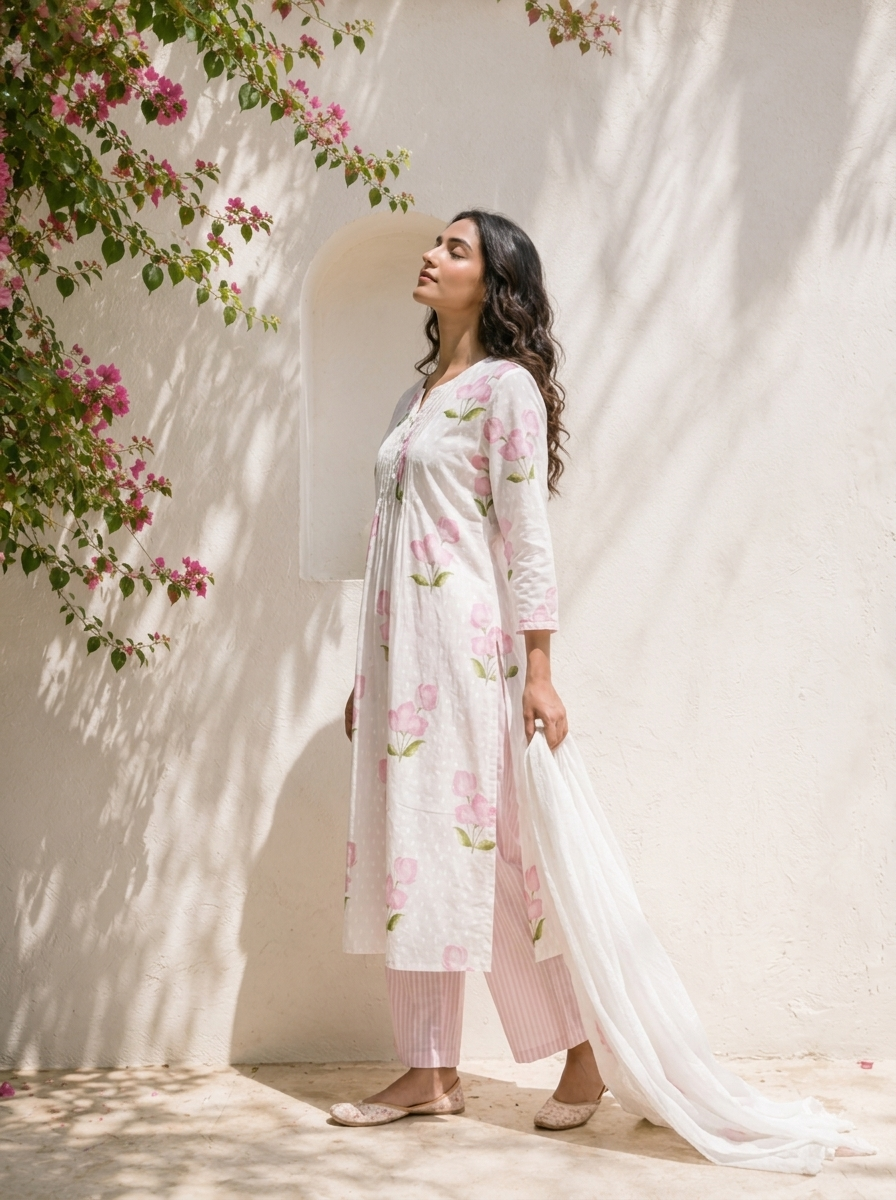 Lilac Cotton Tulip Floral Printed Three Piece Set