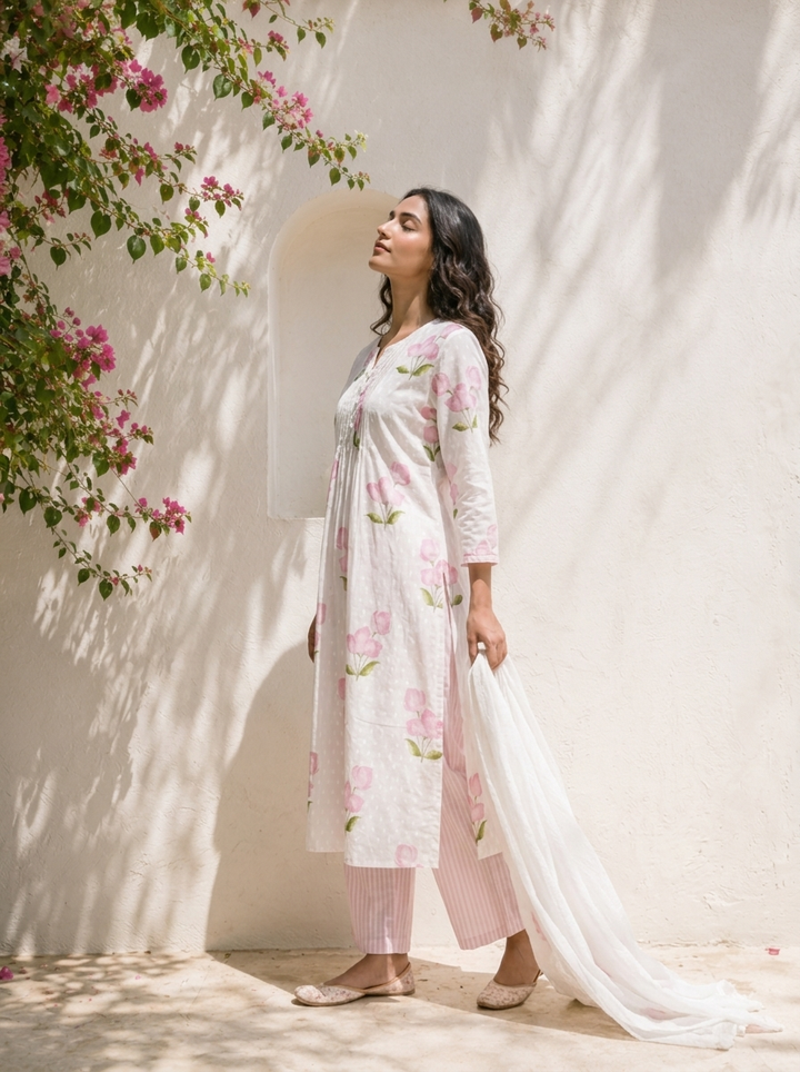 Lilac Cotton Tulip Floral Printed Three Piece Set