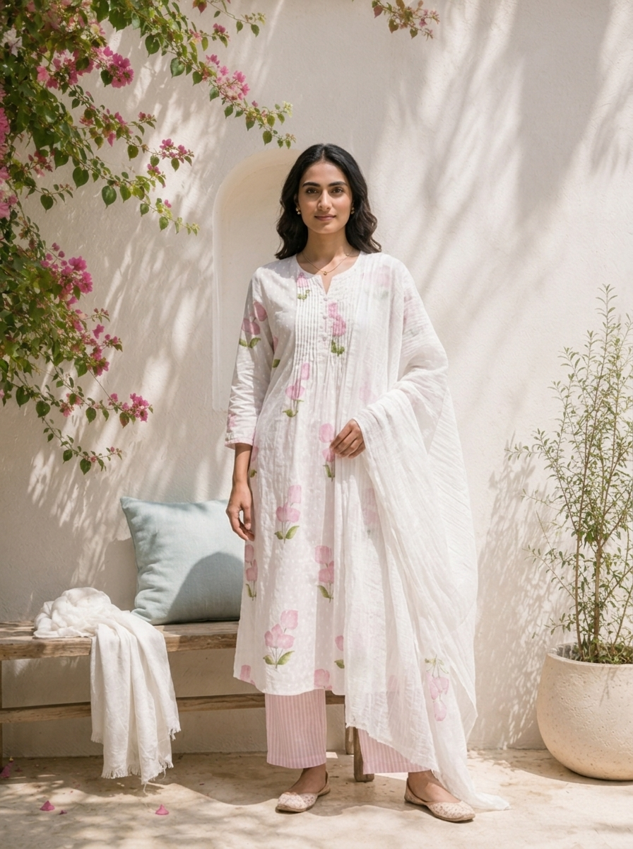 Lilac Cotton Tulip Floral Printed Three Piece Set