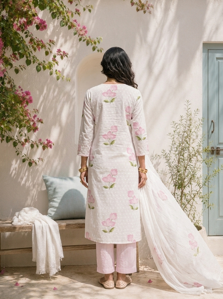 Lilac Cotton Tulip Floral Printed Three Piece Set