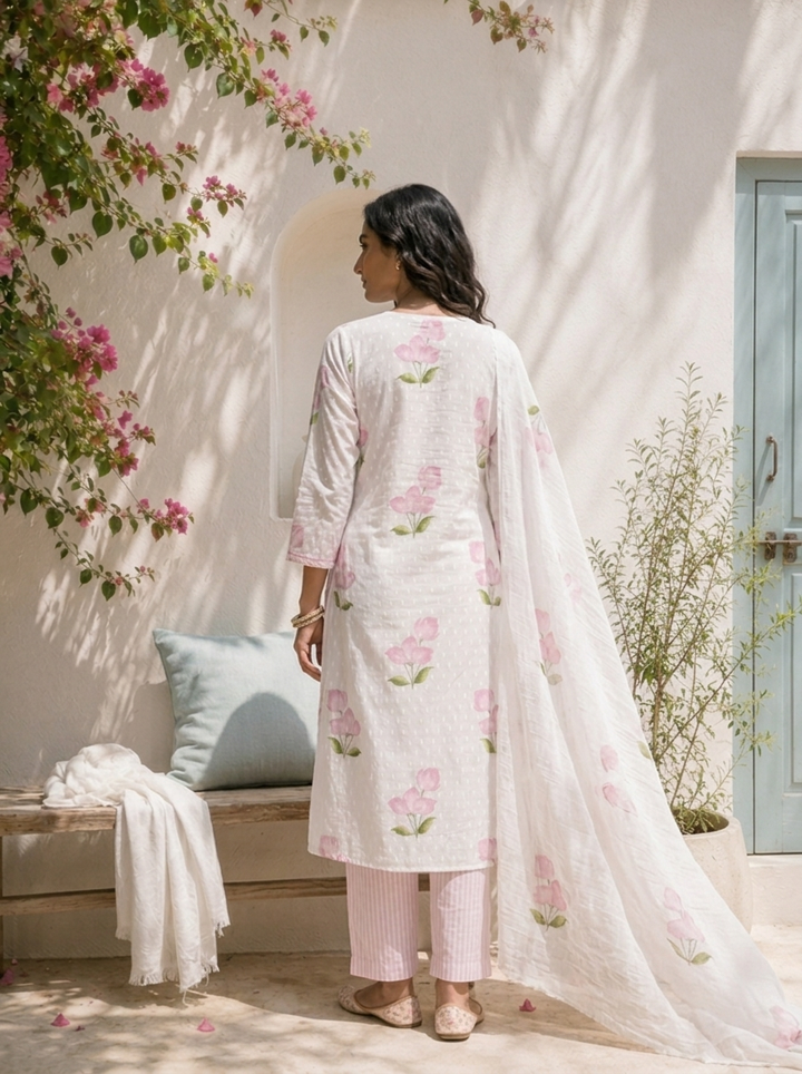Lilac Cotton Tulip Floral Printed Three Piece Set