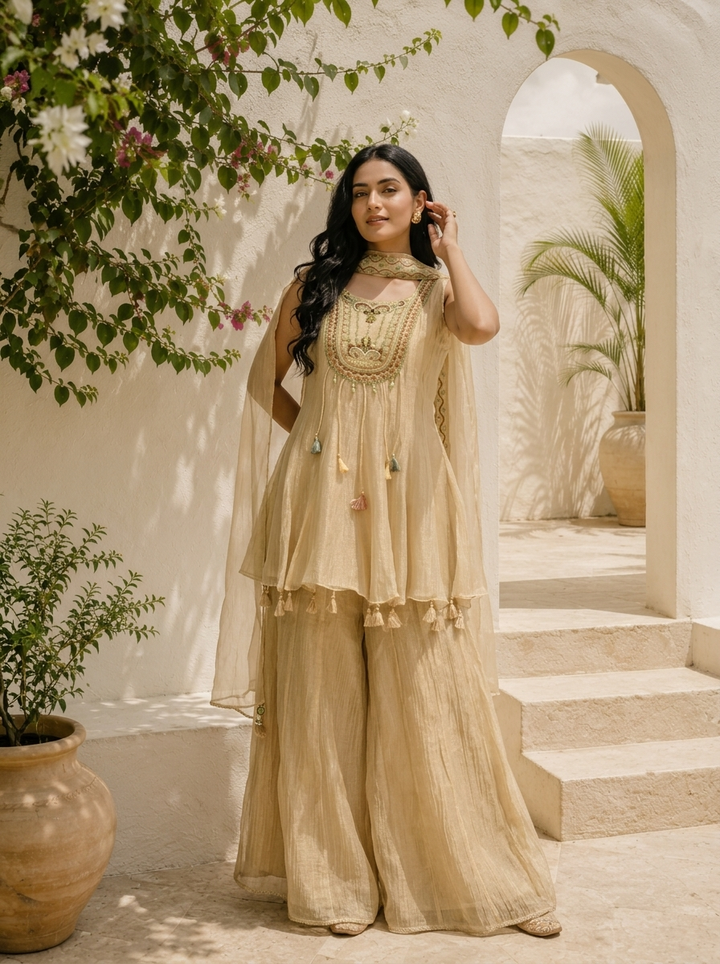 Beige Tissue Stone Embroidered Three Piece Set