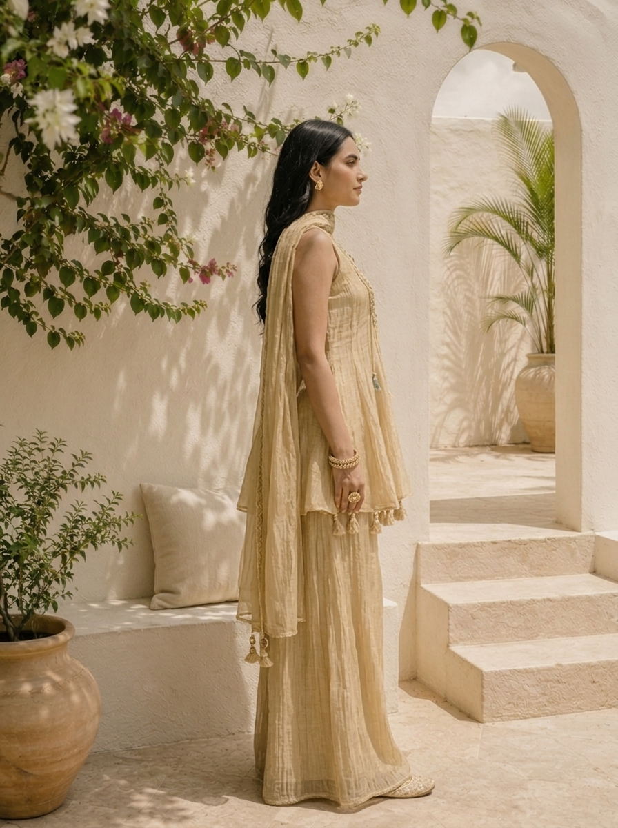 Beige Tissue Stone Embroidered Three Piece Set