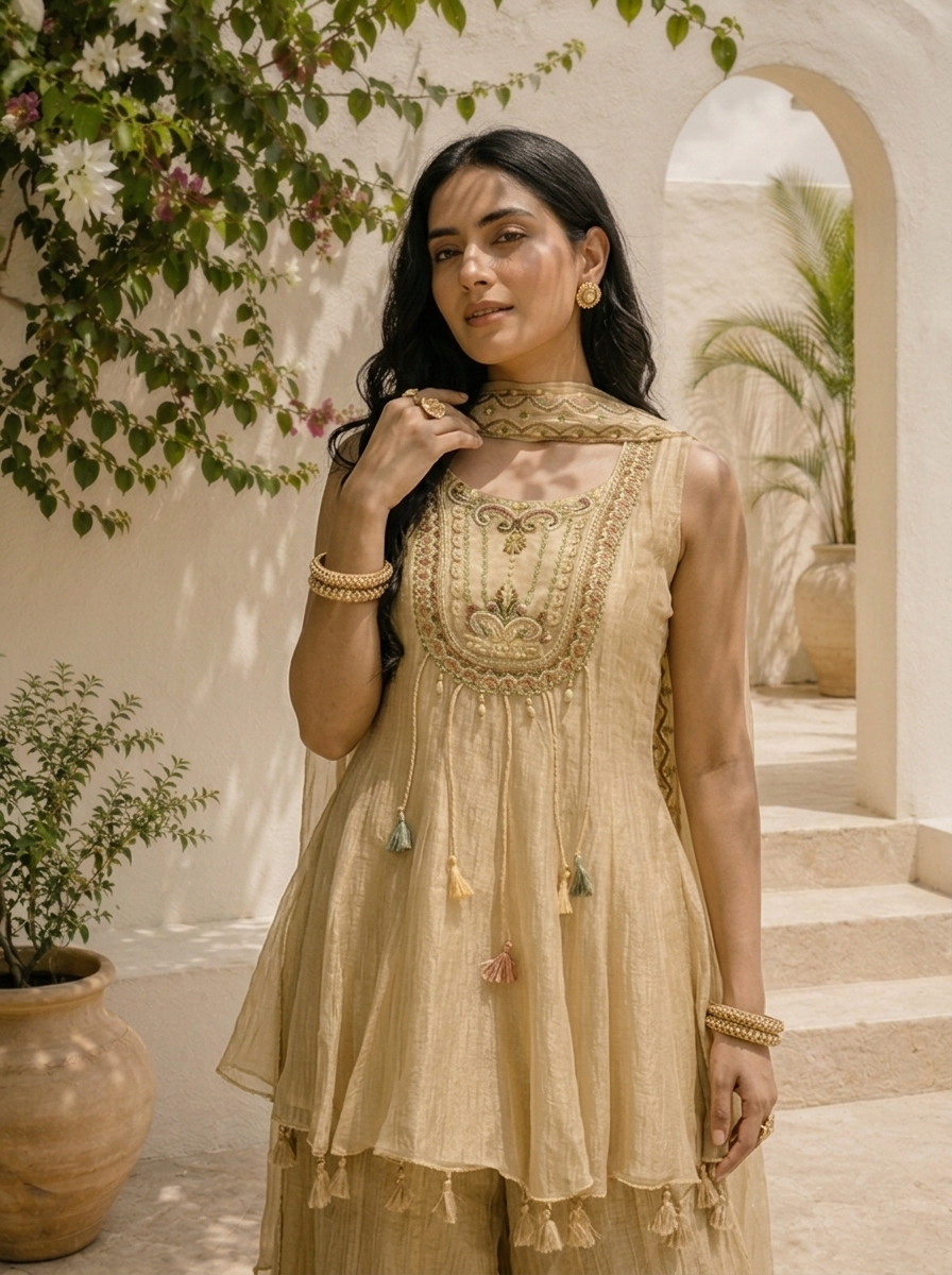 Beige Tissue Stone Embroidered Three Piece Set