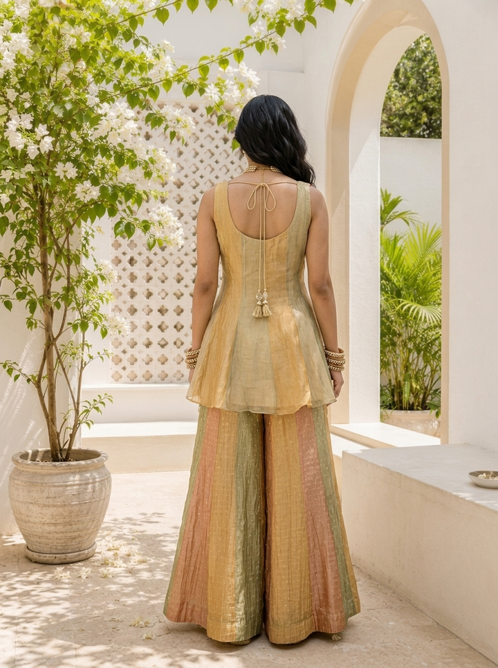 Beige Tissue Pearl And Stone Butti Embroidered Three Piece Set
