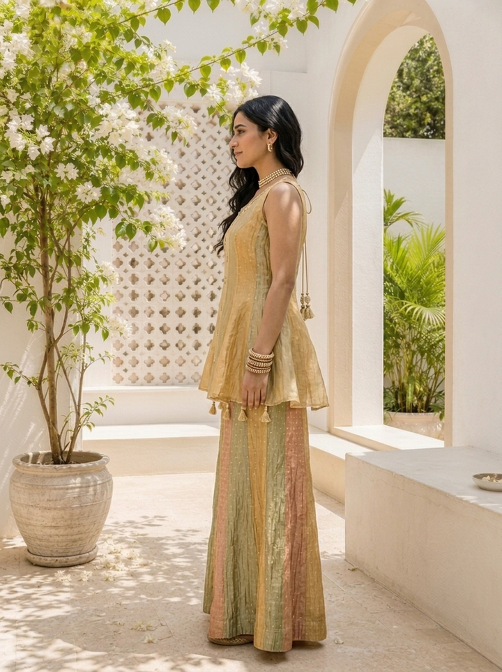 Beige Tissue Pearl And Stone Butti Embroidered Three Piece Set