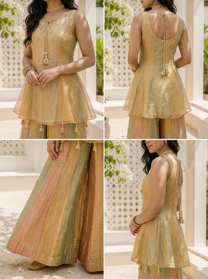 Beige Tissue Pearl And Stone Butti Embroidered Three Piece Set