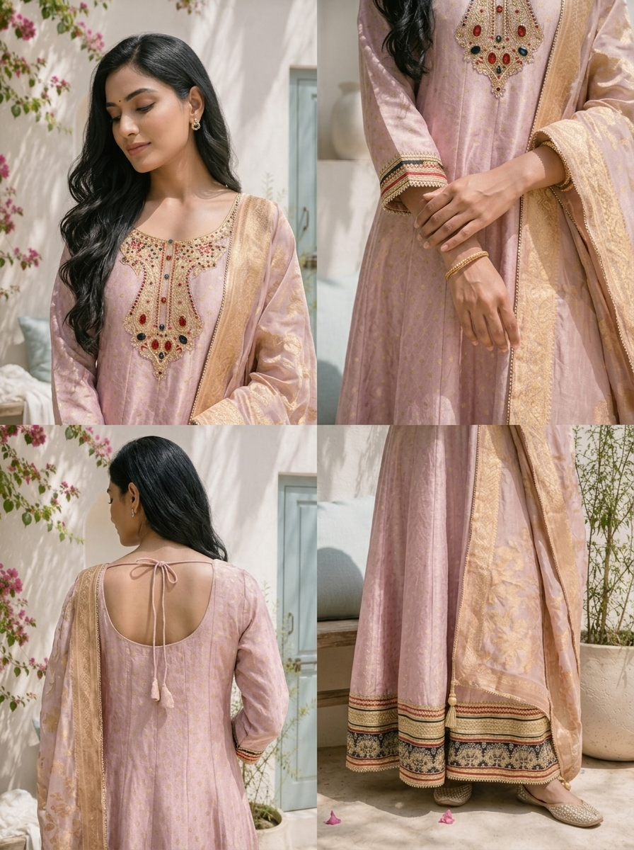 Lilac Tissue All-Over Butti Jacquard Weaved Anarkali With Dupatta
