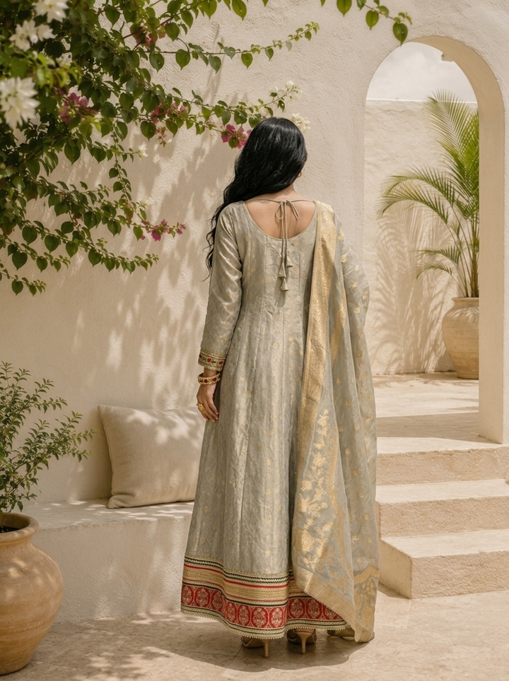 Grey Tissue All-Over Butti Jacquard Weaved Anarkali With Dupatta