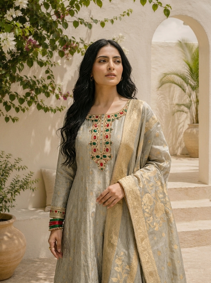 Grey Tissue All-Over Butti Jacquard Weaved Anarkali With Dupatta