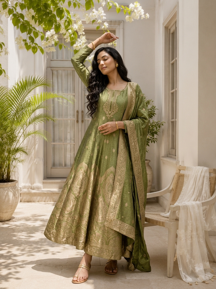 Mehadi Green Silk All-Over Butti Jacquard Weaved Three Piece Set