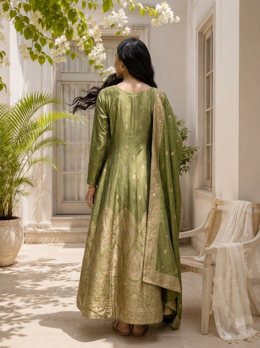 Mehadi Green Silk All-Over Butti Jacquard Weaved Three Piece Set