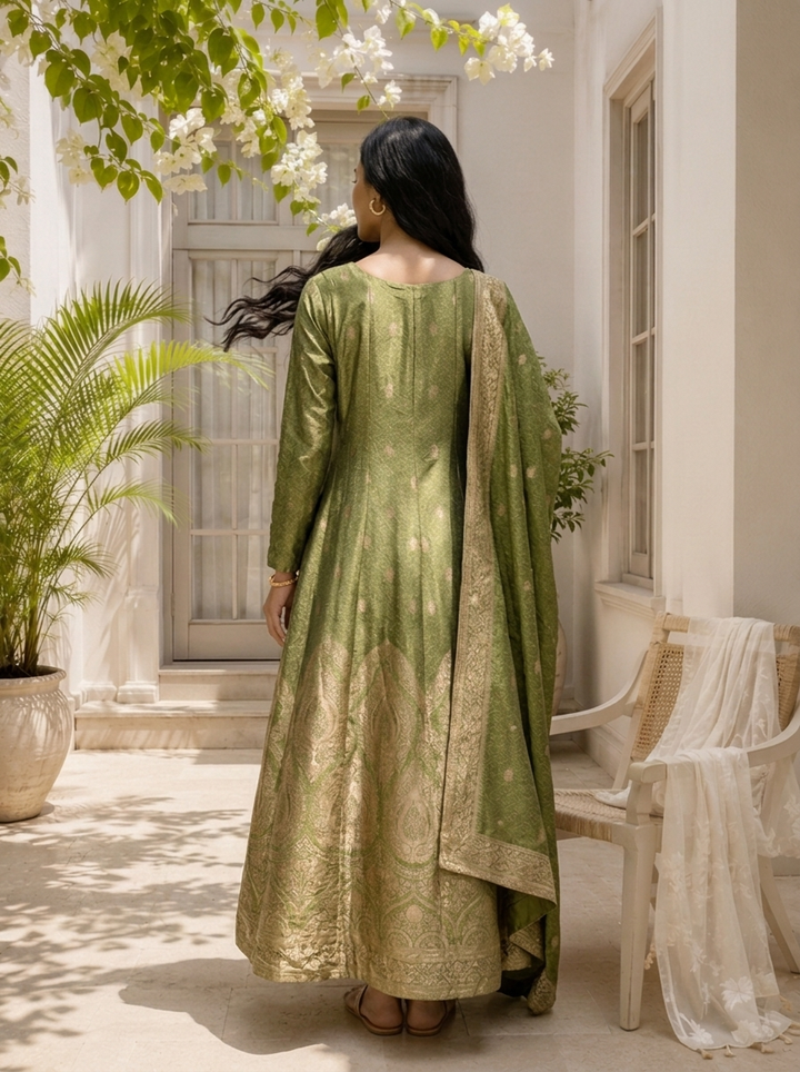 Mehadi Green Silk All-Over Butti Jacquard Weaved Three Piece Set
