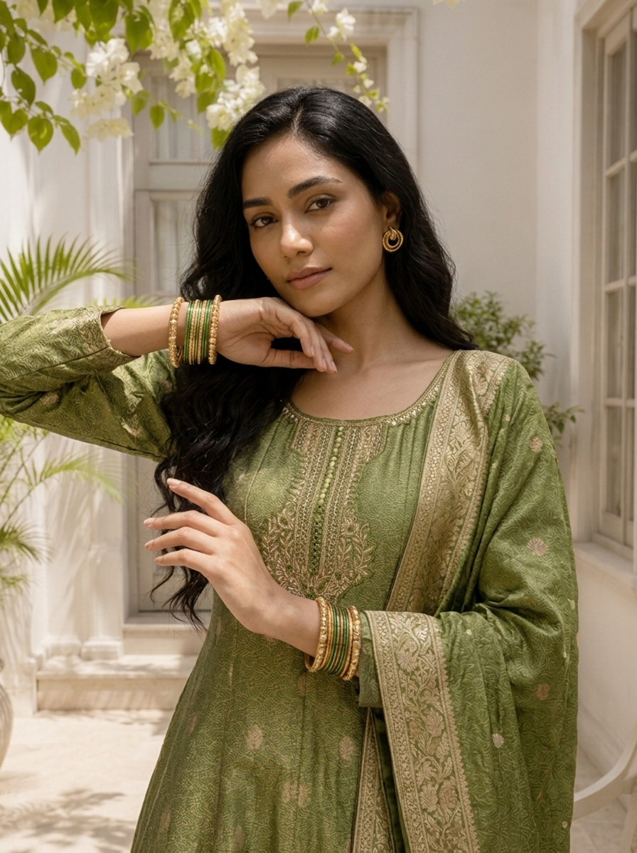 Mehadi Green Silk All-Over Butti Jacquard Weaved Three Piece Set