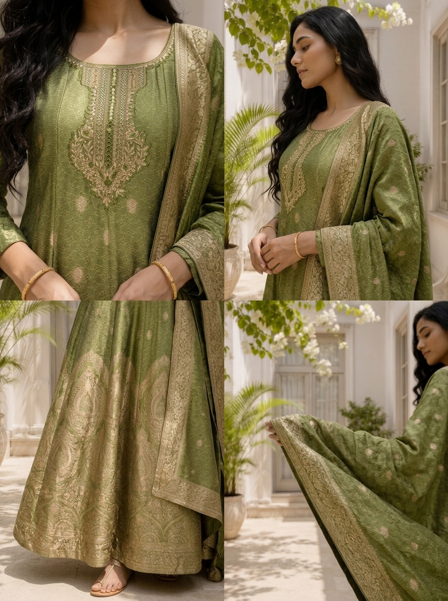 Mehadi Green Silk All-Over Butti Jacquard Weaved Three Piece Set