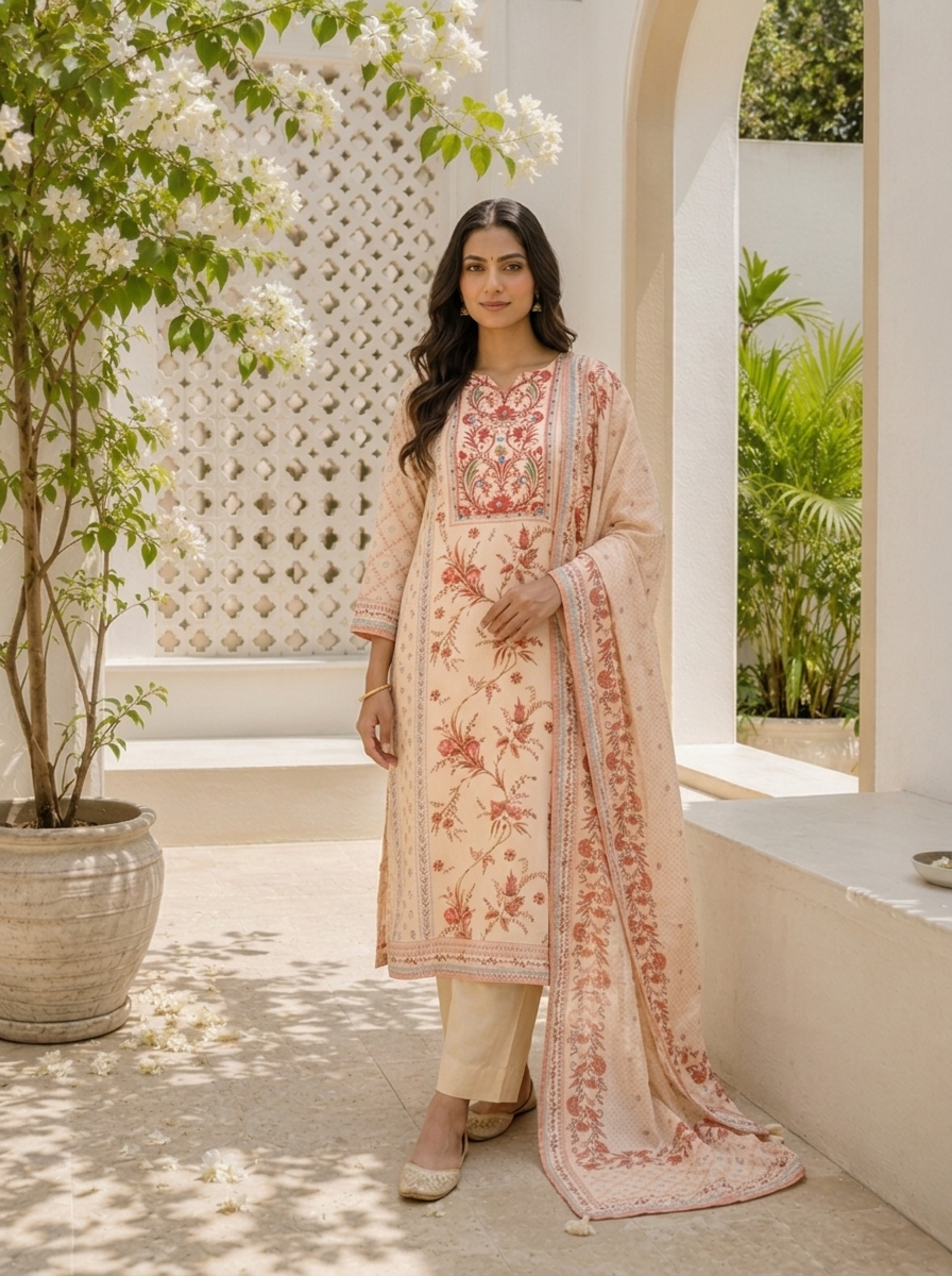 Cream Silk Mughal Printed Three Piece Set