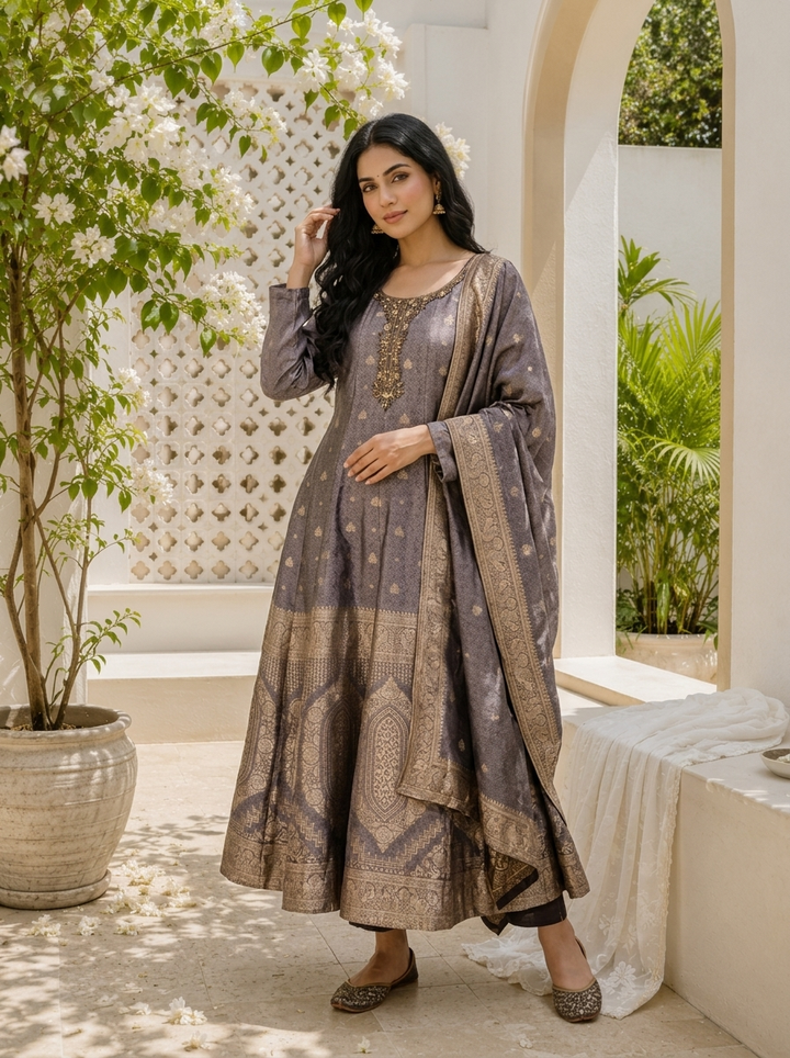 Lavender Silk All-Over Butti Jacquard Weaved Three Piece Set