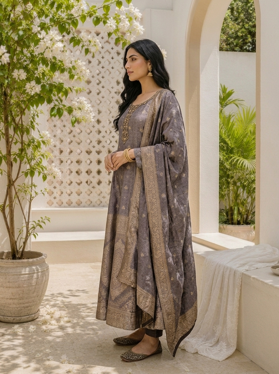 Lavender Silk All-Over Butti Jacquard Weaved Three Piece Set