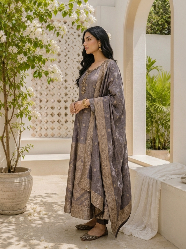 Lavender Silk All-Over Butti Jacquard Weaved Three Piece Set