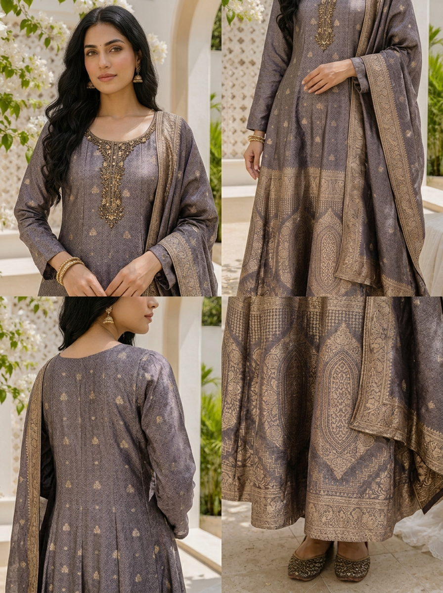 Lavender Silk All-Over Butti Jacquard Weaved Three Piece Set