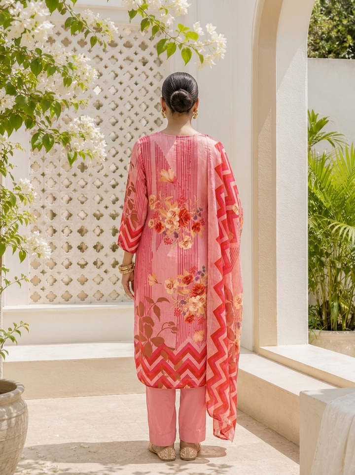 Rose Pink Muslin Mixed Digital Floral Printed Three Piece Set