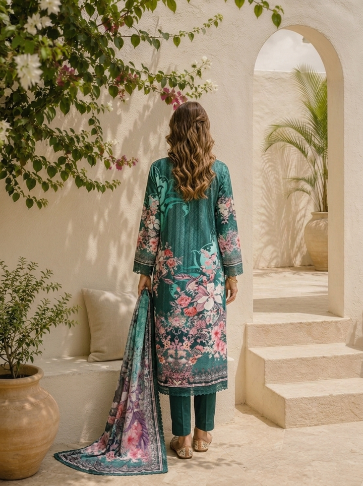 Green Muslin Digital Botanical Floral Printed Three Piece Set