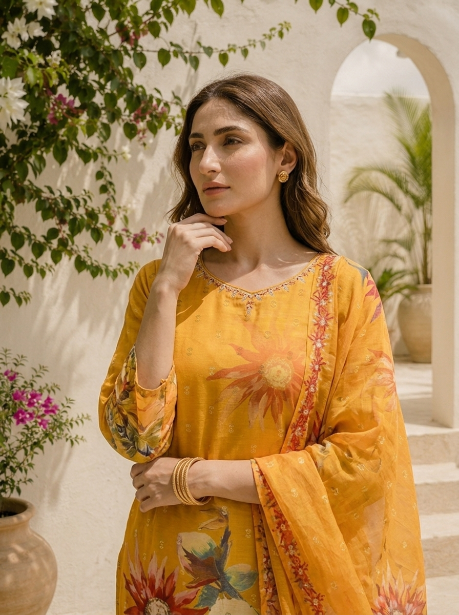 Mustard Muslin Digital Sunflower Floral Printed Three Piece Set
