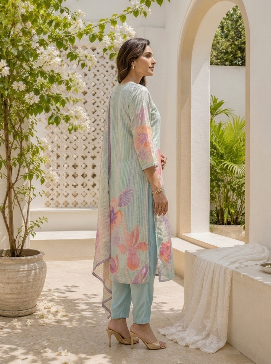 Aqua Chanderi Watercolor Floral And Pin Stripe Printed Three Piece Set