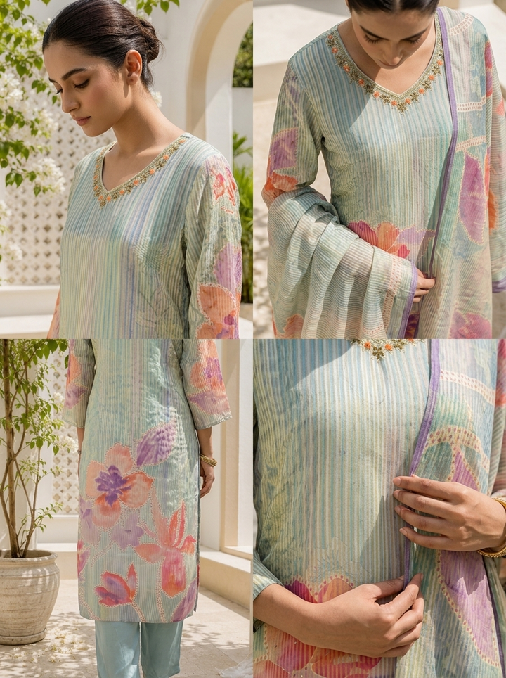 Aqua Chanderi Watercolor Floral And Pin Stripe Printed Three Piece Set