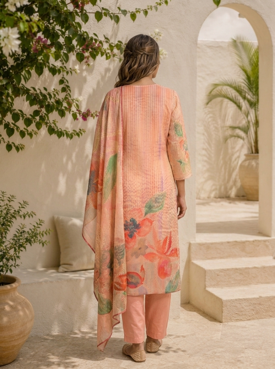 Peach Chanderi Watercolor Floral And Pin Stripe Printed Three Piece Set