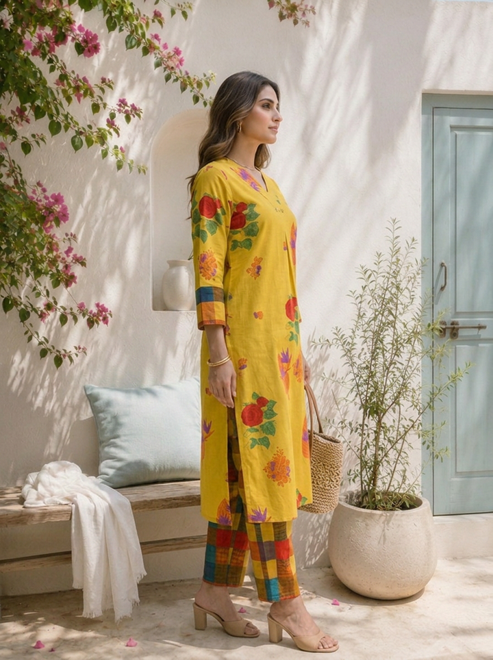 Lime Green Cotton Bold Digital Floral Printed Two Piece Set