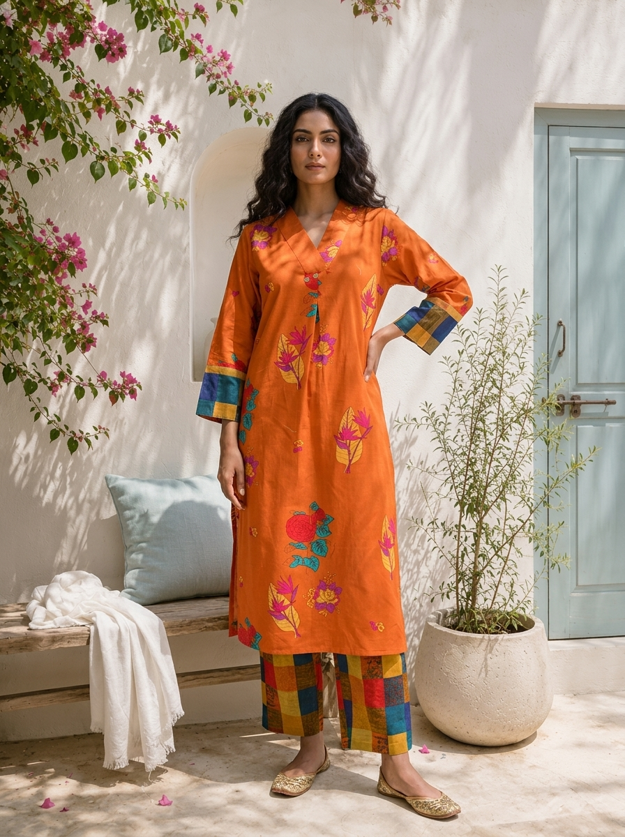 Burnt Orange Cotton Bold Digital Floral Printed Two Piece Set
