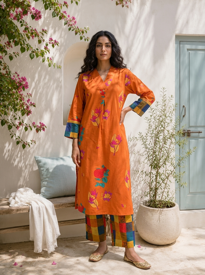 Burnt Orange Cotton Bold Digital Floral Printed Two Piece Set