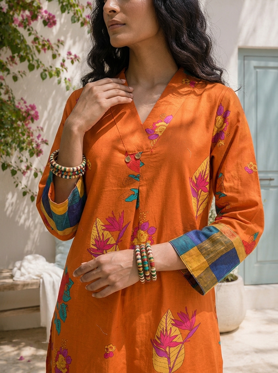 Burnt Orange Cotton Bold Digital Floral Printed Two Piece Set