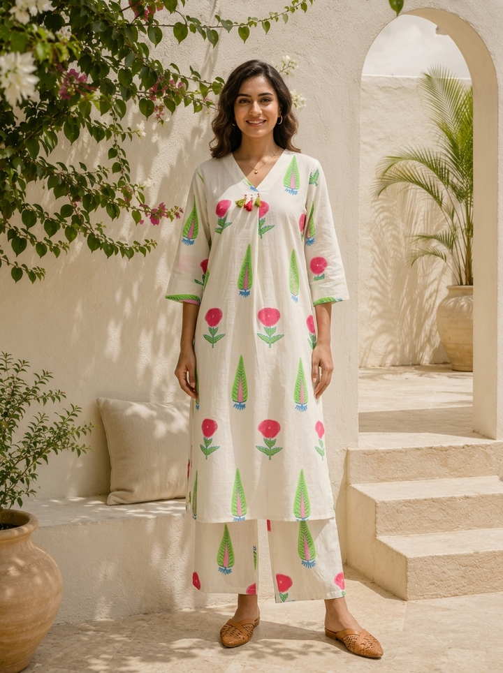 White Cotton Handblock Style Printed Two Piece Set
