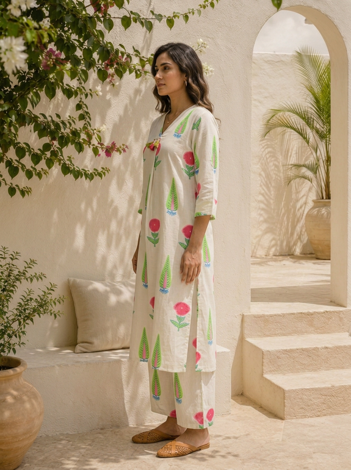White Cotton Handblock Style Printed Two Piece Set